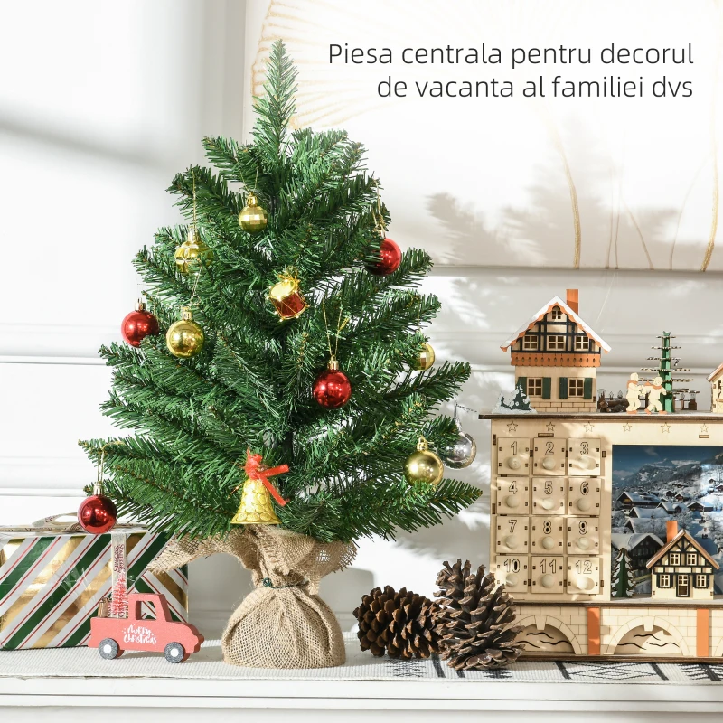 HOMCOM 45cm Mini Brad de Craciun Artificial Pin, 50 Ramuri, Geanta de baza din iuta, PVC