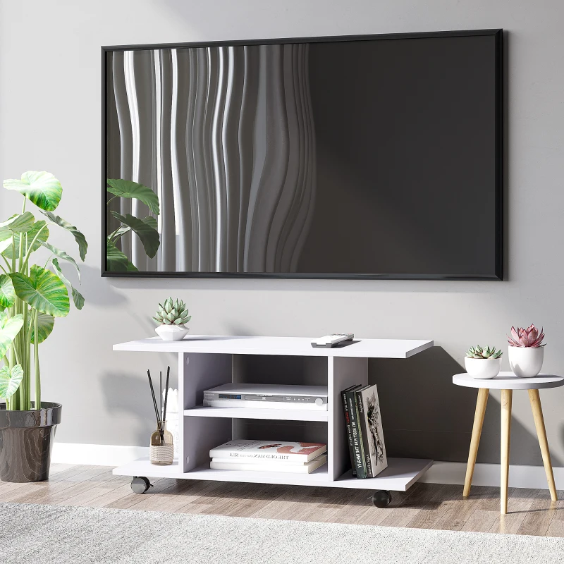 HOMCOM Móvel para TV para Televisores de Até 42 Polegadas Móvel de TV com Prateleiras e Rodas com Travão 80x40x40 cm Branco