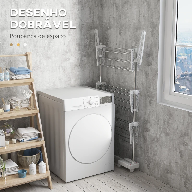 HOMCOM Estendal para Roupa Dobrável 80x55x152cm com 6 Rodas e 3 Prateleiras com Altura Ajustável de Aço Inoxidável Prateado