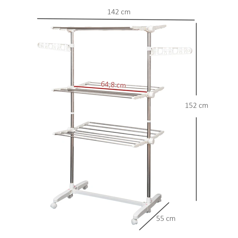 HOMCOM Estendal para Roupa Dobrável 80x55x152cm com 6 Rodas e 3 Prateleiras com Altura Ajustável de Aço Inoxidável Prateado