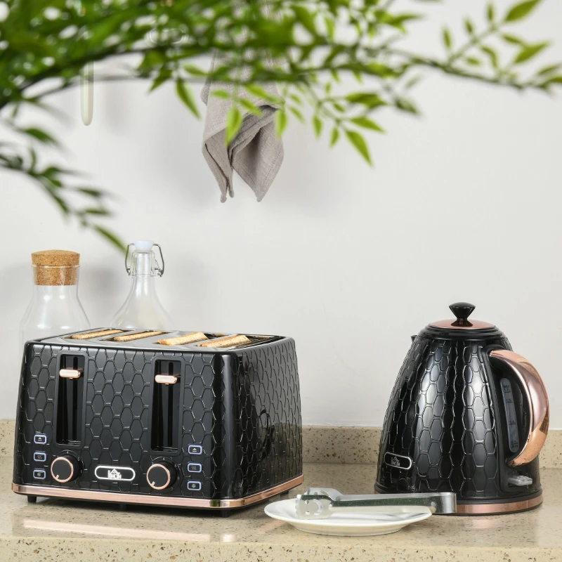 HOMCOM 1.7L 3000W Fast Boil Kettle & 4 Slice Toaster Set, Kettle and Toaster Set with 7 Browning Controls, Crumb Tray, Black