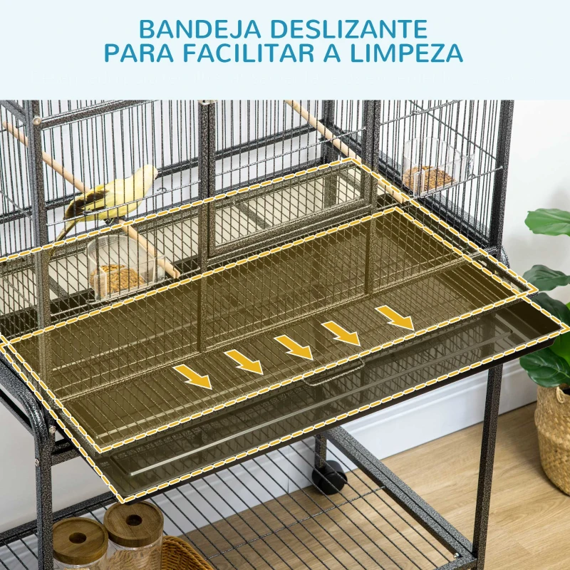 PawHut Gaiola para Pássaros com Rodas 81x48x162,5 cm com Bandeja 4 Poleiros 4 Comedouros e Prateleira Preto e Cinza
