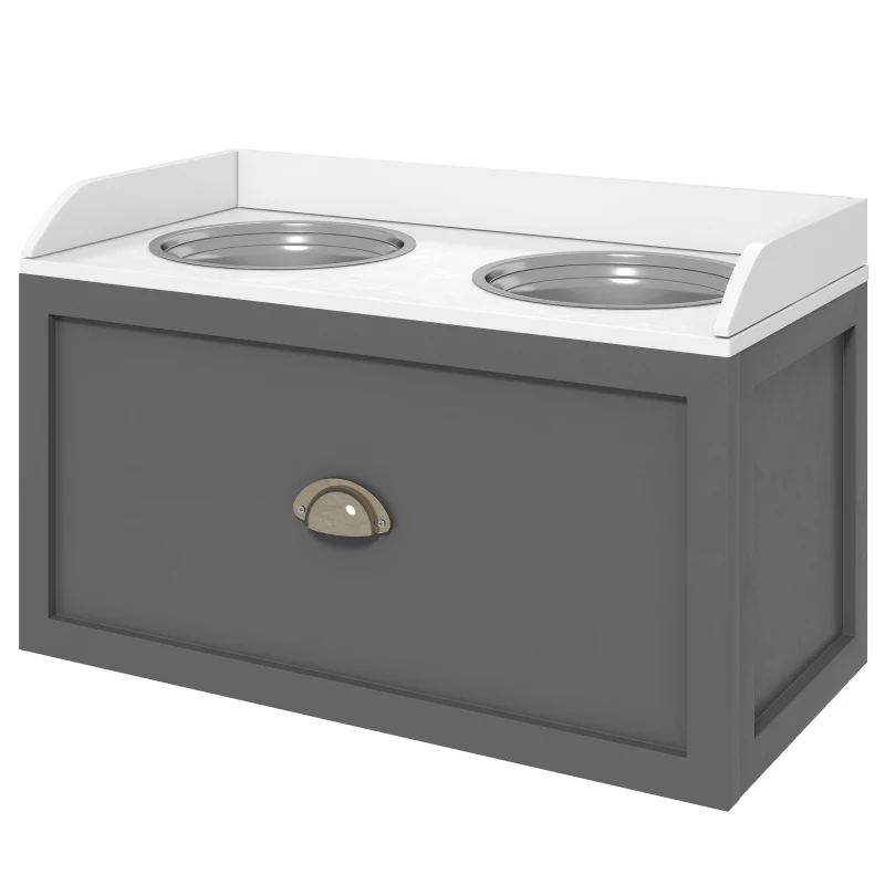 PawHut Comedouro Elevado para Cães com 2 Tigelas 2000ml de Aço Inoxidável Gaveta Oculta com Suporte de Madeira 60x30x36cm Cinza