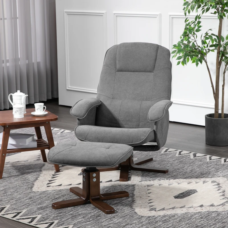 HOMCOM Linen Swivel Recliner Chair with Footstool, Upholstered Reclining Armchair with Wooden Base for Living Room, Grey