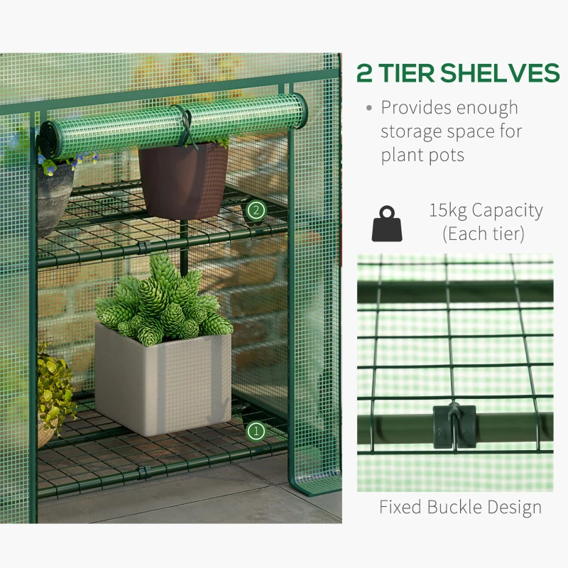 Outsunny Mini Seră de Grădină cu 2 Rafturi Metalice și Acoperiș PE, Seră Compactă pentru Balcon și Terasă, 69x49x91 cm, Verde