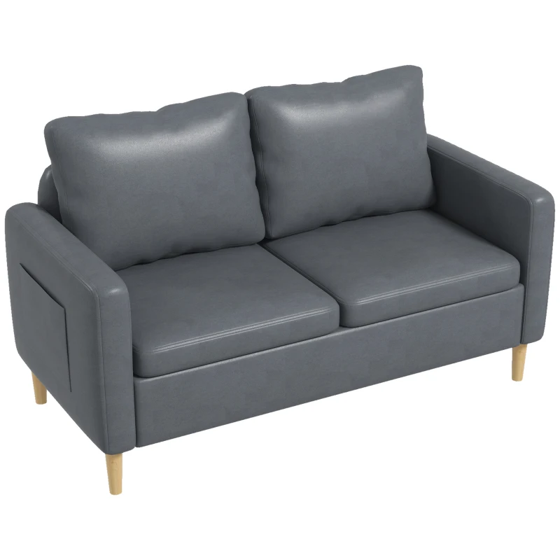 HOMCOM Sofá de 2 Lugares Estofado em Poliéster com 2 Bolsos Laterais Apoio para os Braços e Pés de Madeira 143x76x83 cm Cinza