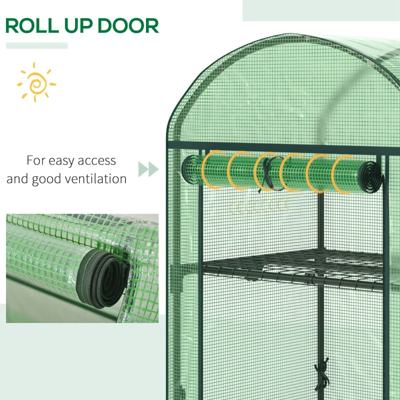 Outsunny Mini Seră de Grădină cu 2 Rafturi Metalice și Acoperiș PE, Seră Compactă pentru Balcon și Terasă, 69x49x91 cm, Verde