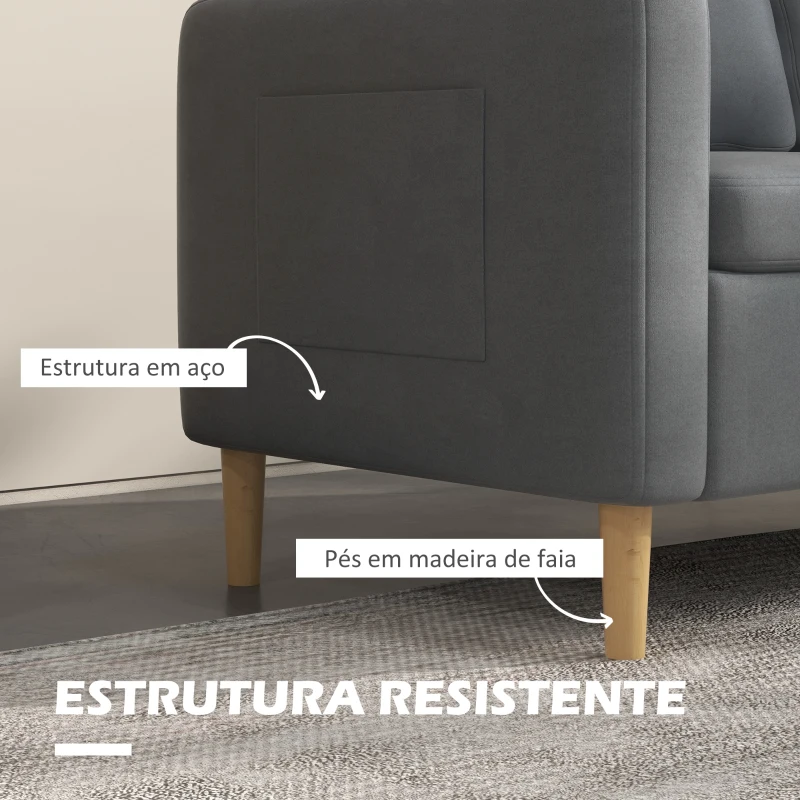 HOMCOM Sofá de 2 Lugares Estofado em Poliéster com 2 Bolsos Laterais Apoio para os Braços e Pés de Madeira 143x76x83 cm Cinza