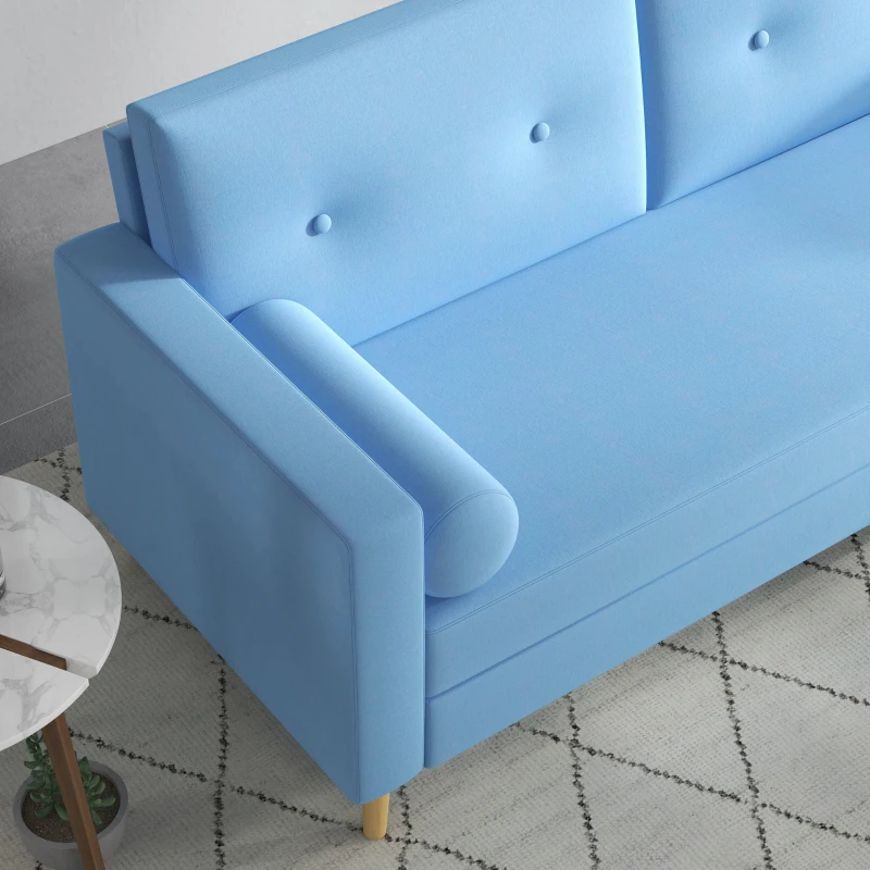 HOMCOM Divano 3 Posti in Tessuto con 2 Cuscini a Cilindro, 180x81x83cm, Azzurro