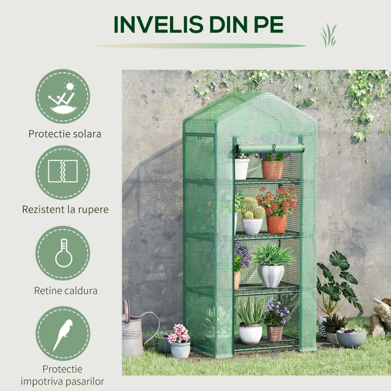 Outsunny Sera verticala cu raft pe 4 niveluri, sera cu balcon si terasa din otel si PE verde inchis, 70x50x160cm