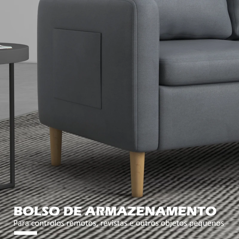 HOMCOM Sofá de 2 Lugares Estofado em Poliéster com 2 Bolsos Laterais Apoio para os Braços e Pés de Madeira 143x76x83 cm Cinza