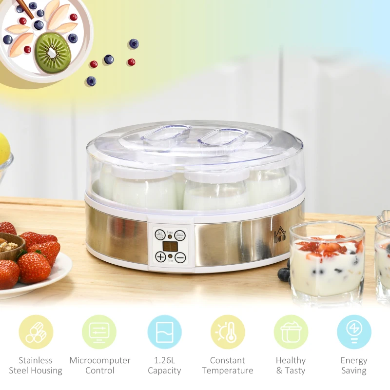 Homcom Aparat Iaurt din Inox – 7 Borcane Sticla & Cronometru