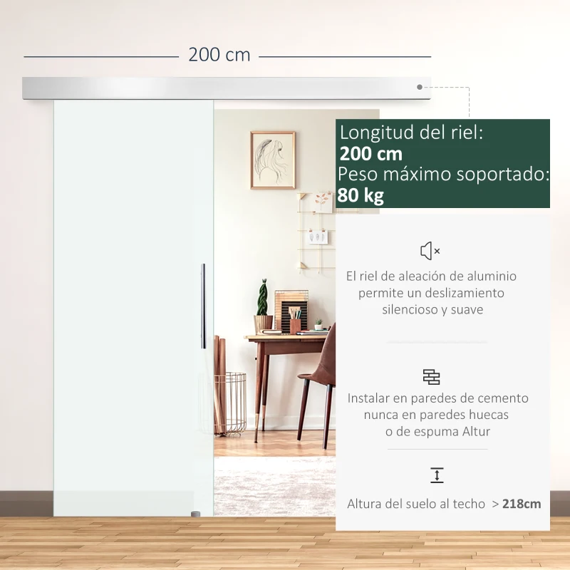 HOMCOM Puerta Corredera de Cristal 90x205 cm Puerta Corrediza Deslizante con Riel de Cristal de Seguridad Translúcido