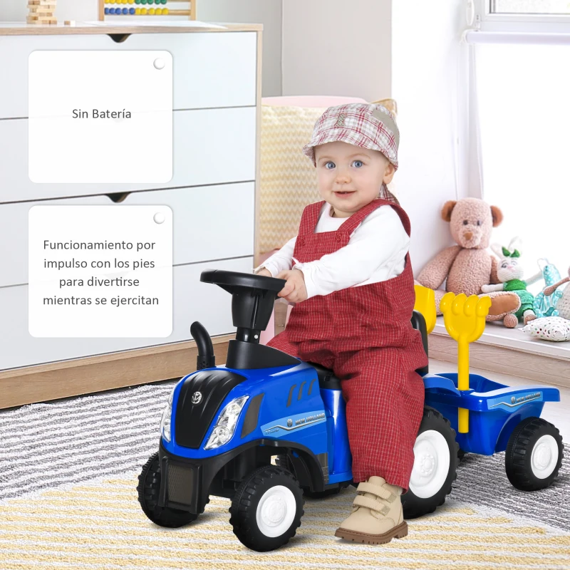 HOMCOM Tractor sin Pedales para Niños de 12-36 Meses con Remolque Extraíble Coche Correpasillos con Bocina Faros Pala Asiento de Suelo 25 cm y Rastrillo Carga 25 kg 91x29x44 cm Azul
