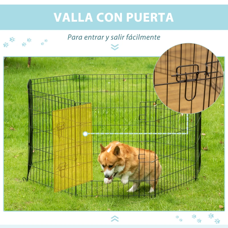 PawHut Parque de Juegos para Perros 8 Paneles 76x61cm Plegables Jaula Metálica para Mascotas con Puerta y Doble Cerradura Negro