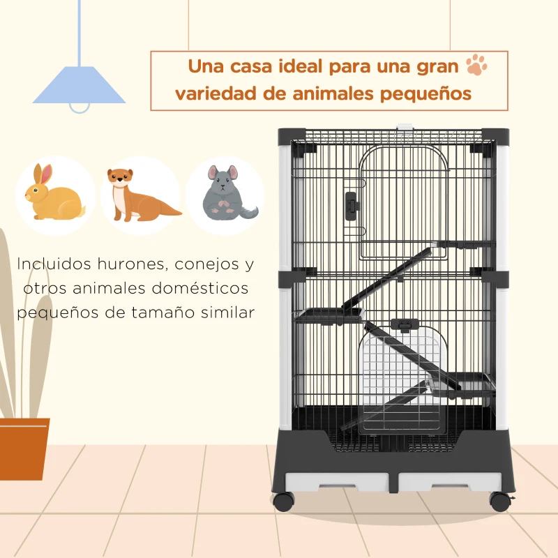 PawHut Jaula para Animales Pequeños con Ruedas 114x75x50 cm Valla para Mascotas con 3 Plataformas 3 Rampas Bandejas Extraíbles