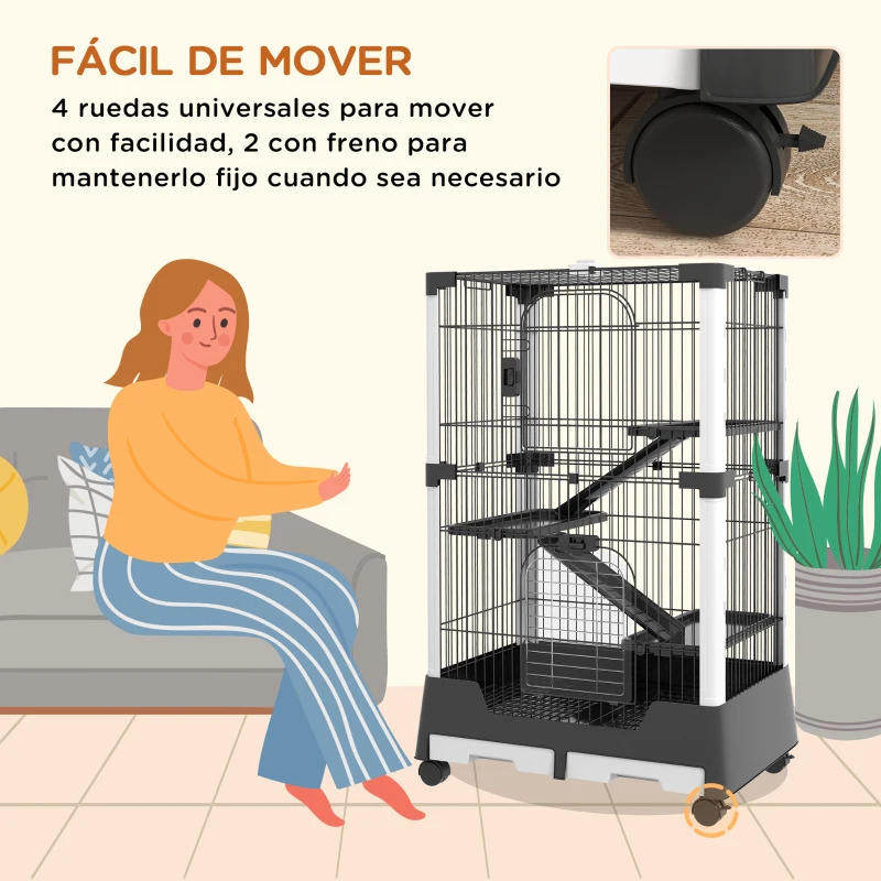 PawHut Jaula para Animales Pequeños con Ruedas 114x75x50 cm Valla para Mascotas con 3 Plataformas 3 Rampas Bandejas Extraíbles