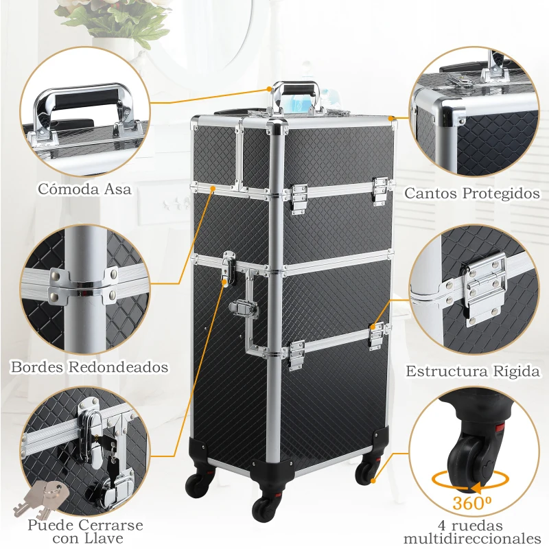 HOMCOM Maleta de Maquillaje Profesional Maletín de Comésticos Desmontable con Ruedas Universales Bandejas Desplegables con Cerradura Fácil de Transportar 36x24x79-107cm Negro