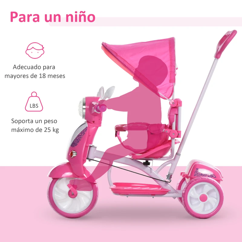 HOMCOM Triciclo para Niños de +18 Meses Triciclo Evolutivo Infantil con Capota Extraíble Asiento Giratorio Barra de Seguridad y Función de Luz Música 102x48x96 cm Rosa