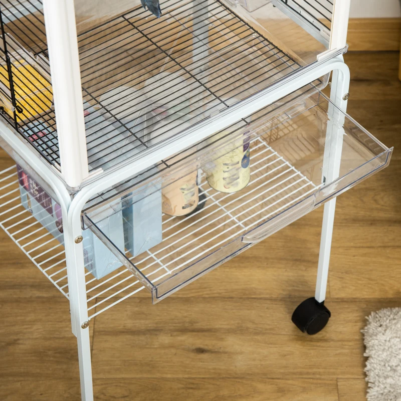 PawHut Jaula para Pájaros con Soporte Desmontable Jaula de Aves Canarios con 4 Ruedas Techo Abrible 2 Comederos 2 Perchas Bandeja Extraíble y Rejillas 47x35x106,5 cm Blanco