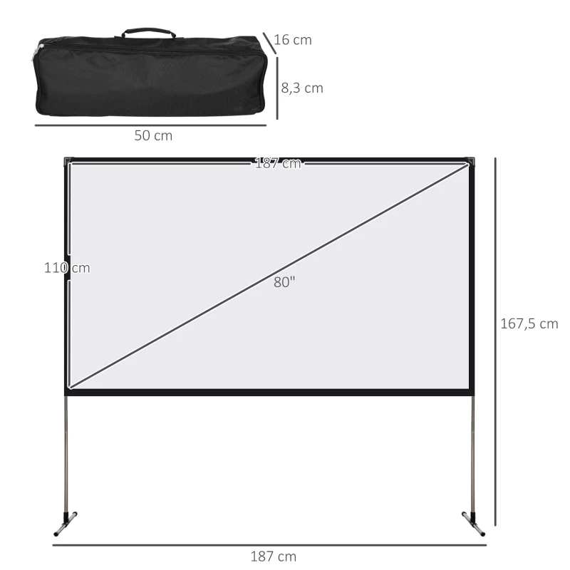 HOMCOM Pantalla de Proyector con Soporte 80 Pulgadas HD Pantalla 16:9 con Bolsa de Transporte 187x50x167,5 cm Blanco