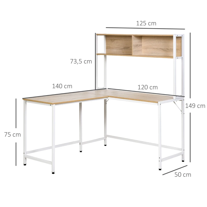 HOMCOM Escritorio en Forma de L Multifuncional Mesa para Oficina o Estudio con Estantes Altos Espacio Amplio Moderno y Minimalista 140x125x149 cm Color Madera