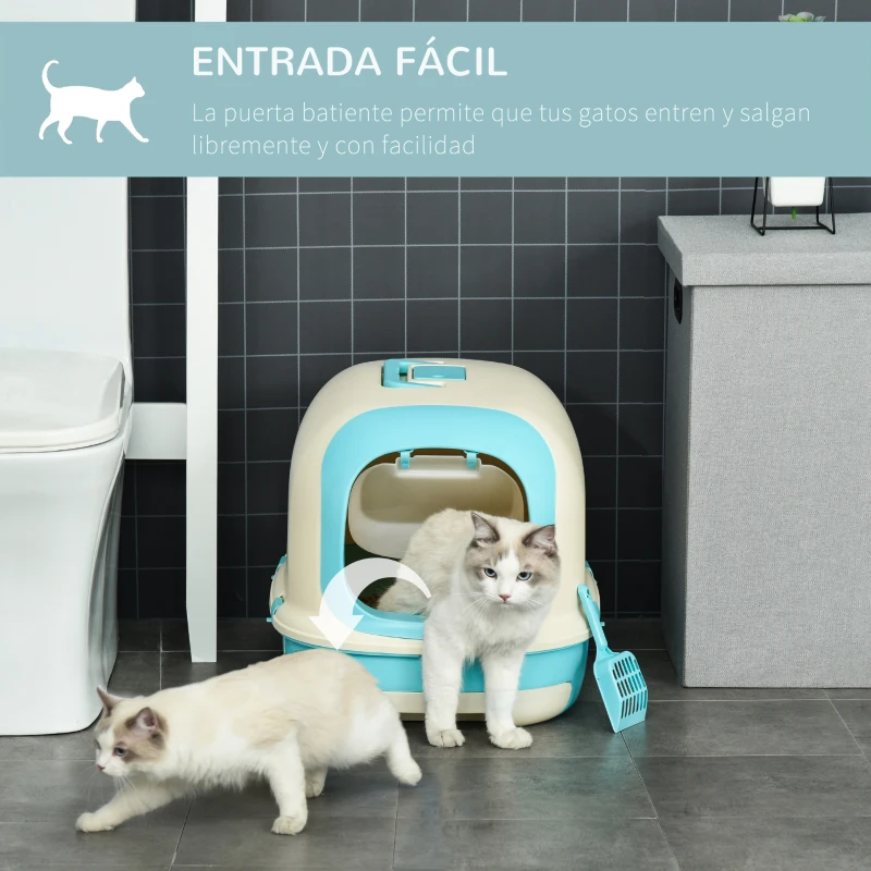 PawHut Arenero para Gatos Caja de Arena con Asa de Transporte Doble Fondo Bandeja Extraíble Pala y Filtro de Carbón Activo 63x43x43 cm Beige y Verde