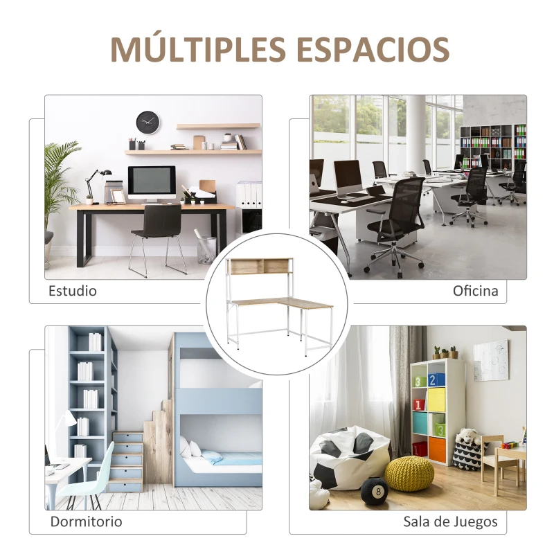 HOMCOM Escritorio en Forma de L Multifuncional Mesa para Oficina o Estudio con Estantes Altos Espacio Amplio Moderno y Minimalista 140x125x149 cm Color Madera