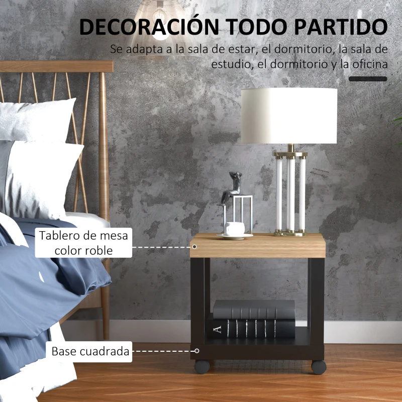 HOMCOM Mesa Auxiliar con Ruedas Estante Abierto Mesa para Sofá Sala Dormitorio 40x40x40 cm Natural y Negro