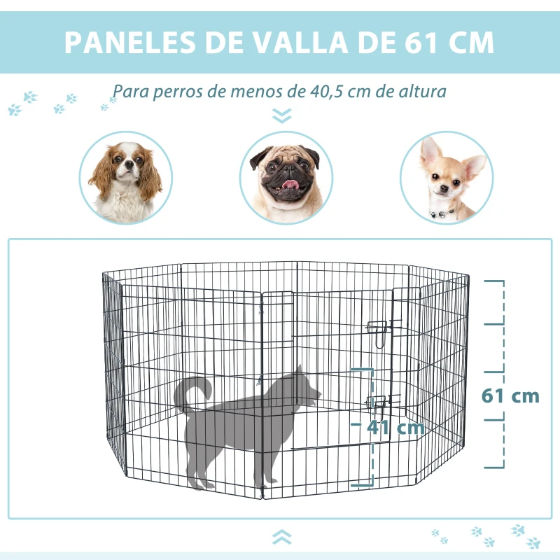 PawHut Parque de Juegos para Perros 8 Paneles 76x61cm Plegables Jaula Metálica para Mascotas con Puerta y Doble Cerradura Negro
