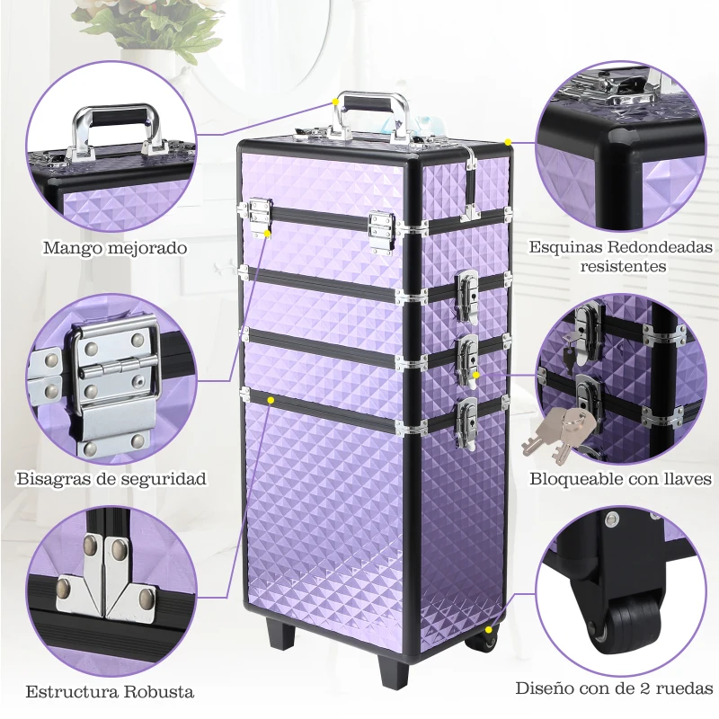 HOMCOM Maletín de Maquillaje Profesional con Ruedas Universales Distintos Niveles Asa Extensible Maletín Maquillaje Trolley Aleación de Aluminio 33.5x23x76/95.5 cm Violeta