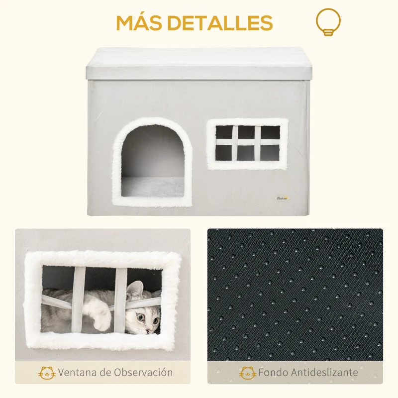PawHut Casa Plegable para Gatos Interior Cueva para Gatos con Cojines de Felpa Suave Tapa Extraíble 2 Entradas y Ventana 71x42x49 cm Gris