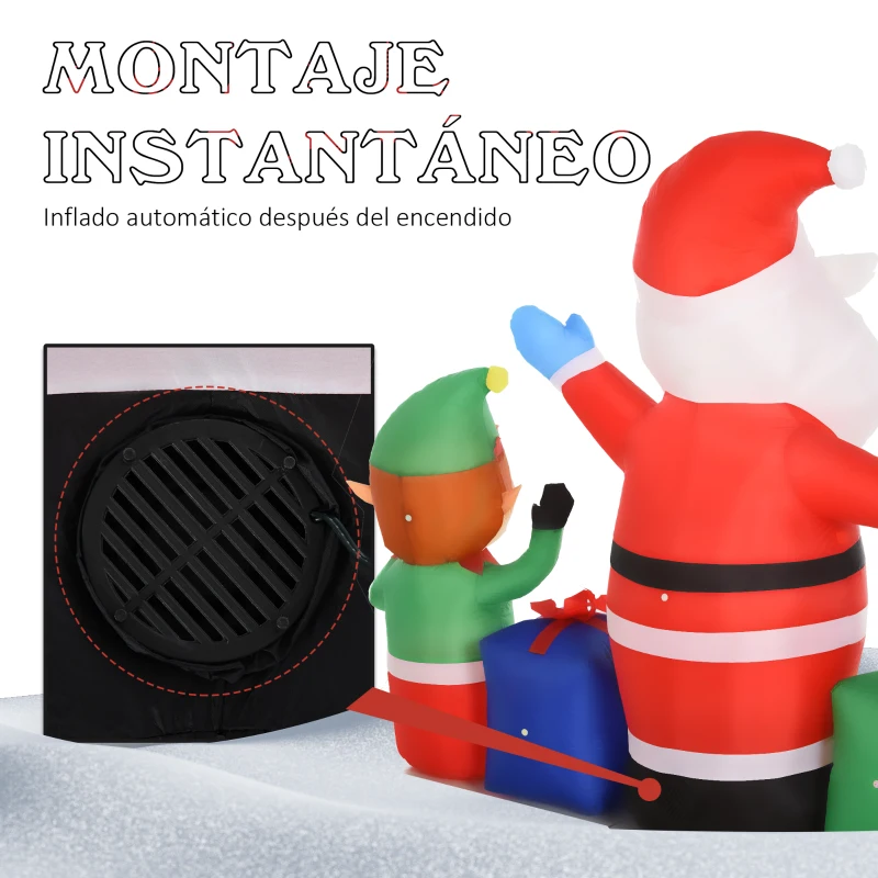 HOMCOM Hinchable de Navidad Papá Noel Inflable con Elfo y Reno con 6 Luces LED e Inflador para Exterior Interior 203x50x153 cm