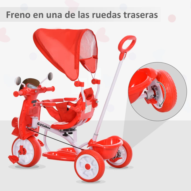 HOMCOM Triciclo Evolutivo Infantil 3 en 1 para Niños +18 Meses con Función de Luz y Música Barra de Seguridad y Toldo Retráctil Asiento Giratorio 360° 93x51x94 cm Rojo