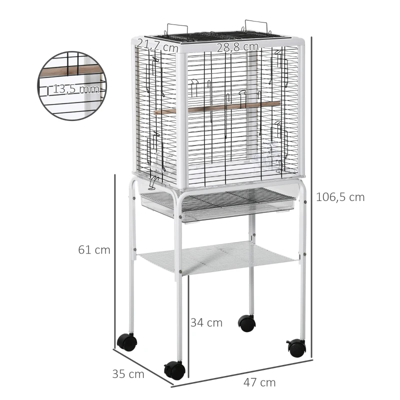PawHut Jaula para Pájaros con Soporte Desmontable Pajarera con 4 Ruedas Techo Abrible 2 Comederos 2 Perchas y Bandeja para Loros Canarios Periquitos 47x35x106,5 cm Blanco