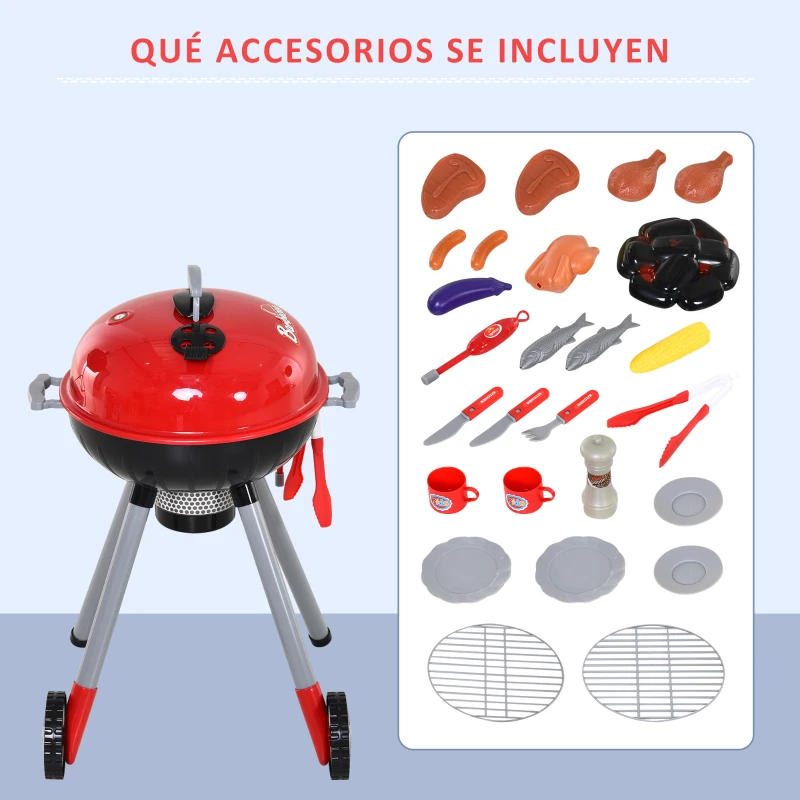 HOMCOM Juego de Barbacoa para Niños Mayores de 3 Años con Accesorios de 39 Piezas Luz y Sonido Juguete de Simulación BBQ de Carbón 34,5x37x56 cm Rojo