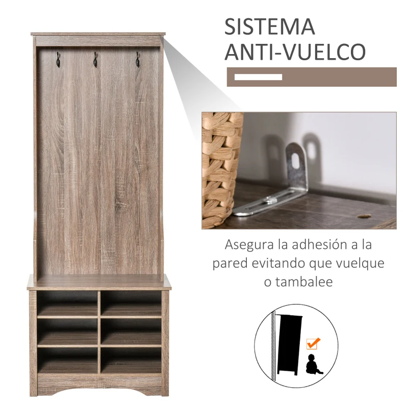 HOMCOM Perchero Zapatero con Banco 3 Ganchos y 6 Compartimentos para Zapatos Estilo Vintage Pasillo Entrada 68,5x39,5x173 cm Color Madera