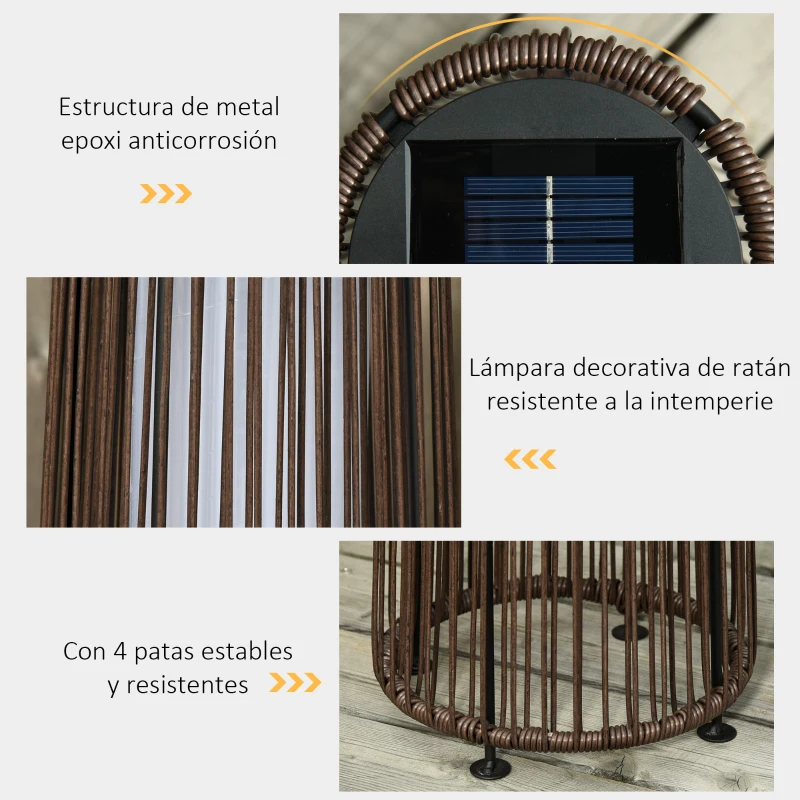 Outsunny Lámpara de Pie de Mimbre Ratán de Energía Solar con LED 0,8 W Interruptor de Control de Luz Automático Decoración para Exterior Ø21,5x61 cm Marrón