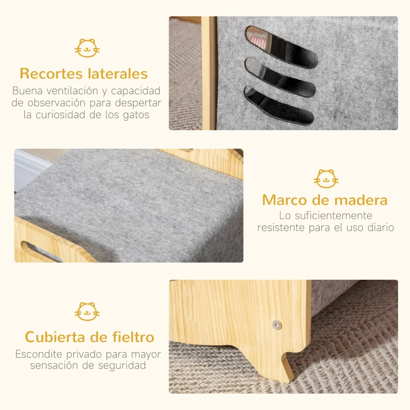 PawHut Caseta de Gatos de Madera y Fieltro Casa para Mascotas con Cojín y 2 Asas 40x39x40 cm Natural y Gris