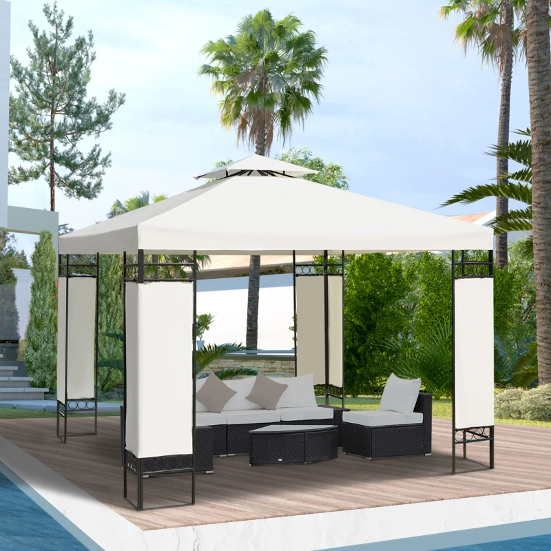 Outsunny Cenador de Jardín con Doble Techo Carpa 3x3m para Exterior con Marco Metálico Columnas Decorativas 300x300x265 cm Crema
