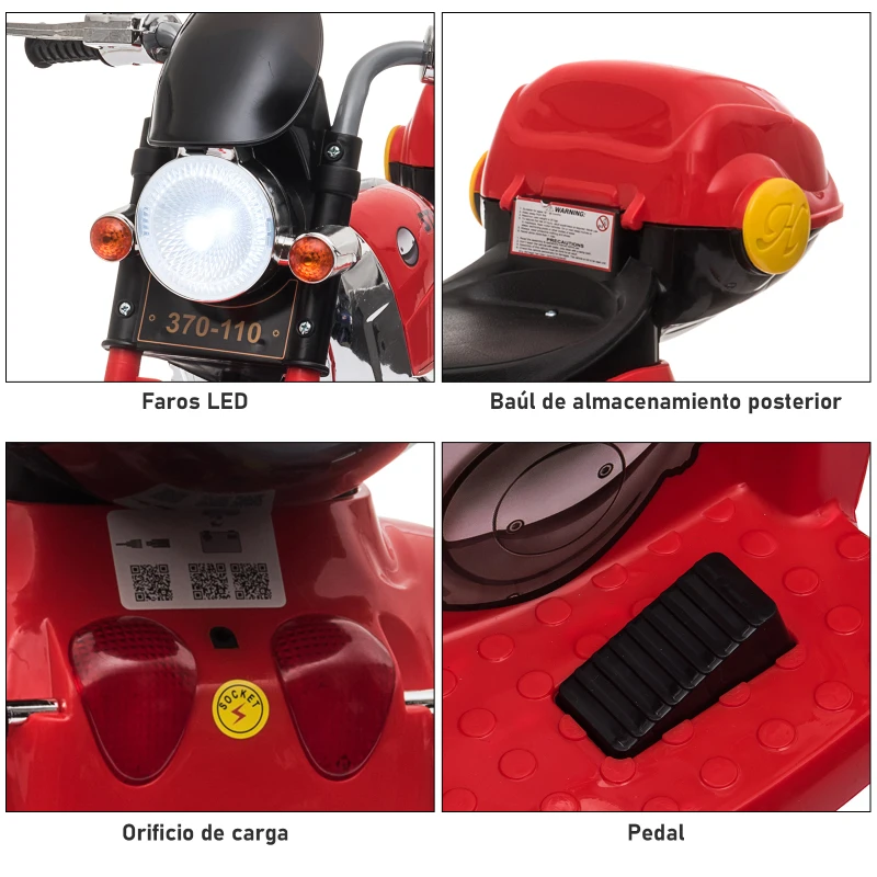 HOMCOM Moto Eléctrica para Niños +18 Meses Triciclo Infantil con 3 Ruedas a Batería con Bocina Luces y Baúl 87x46x54 cm Rojo