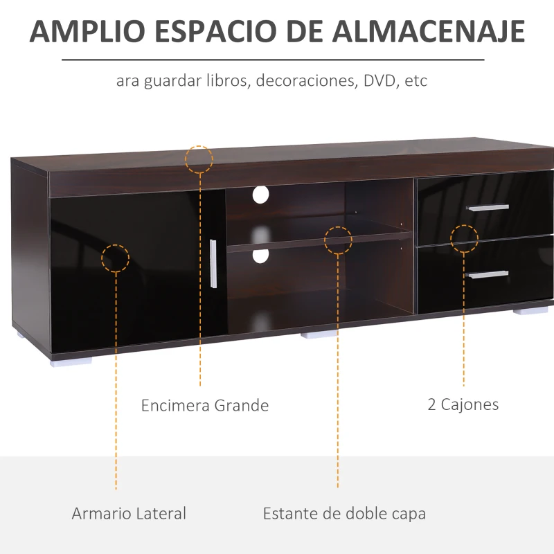 HOMCOM Mueble para TV Mesa para TV de Salón con Armario Cajones Estantes Abiertos Ajustable de 3 Niveles Soporte de Televisor Diseño Clásico Carga 80 kg 140x40x45 cm Café