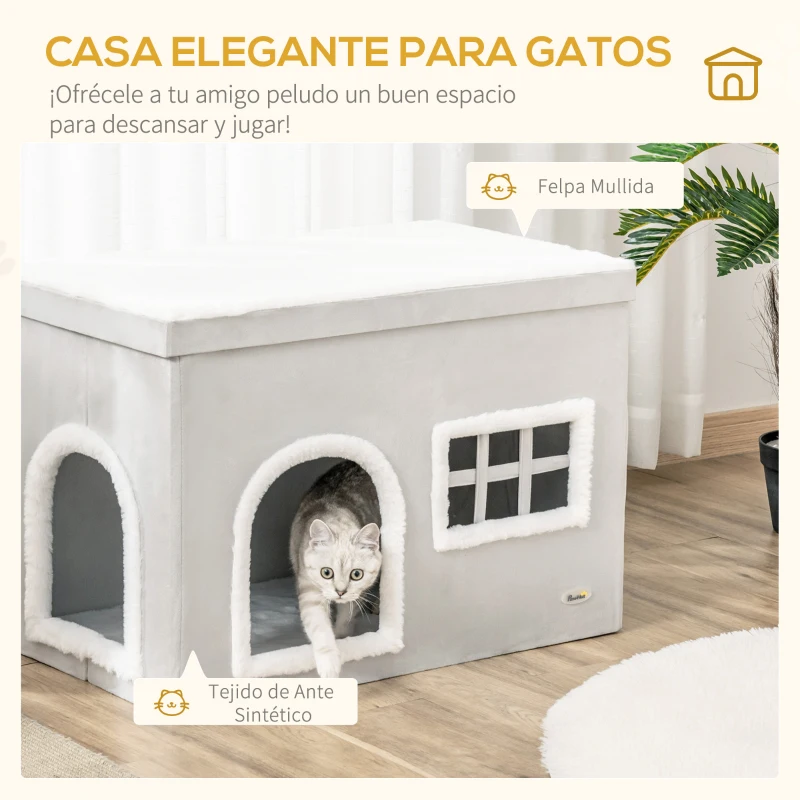 PawHut Casa Plegable para Gatos Interior Cueva para Gatos con Cojines de Felpa Suave Tapa Extraíble 2 Entradas y Ventana 71x42x49 cm Gris