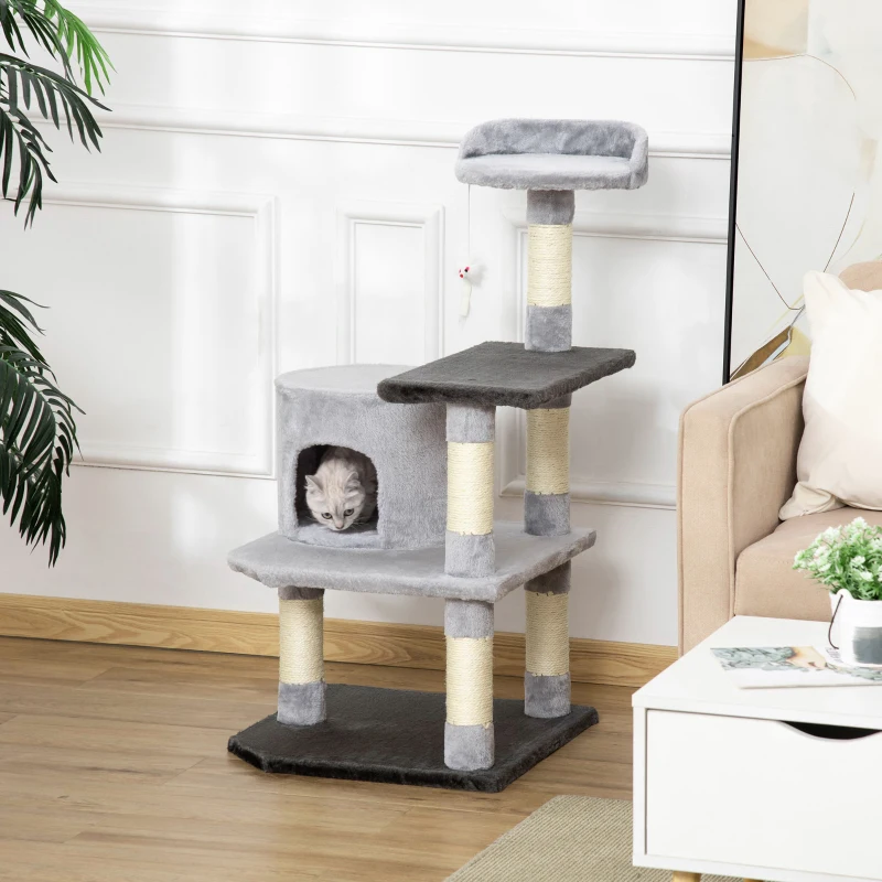 PawHut Torre para Gatos con Plataformas Casetas Ratón de Juego Postes para Rascar y Cubierto de Felpa 48x48x100 cm Gris