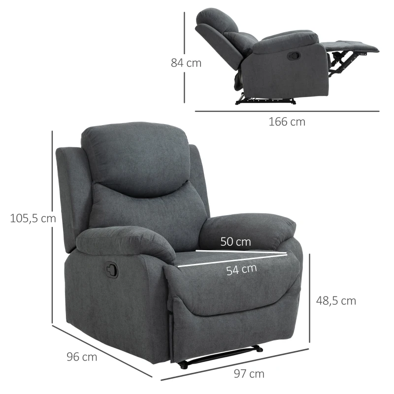 HOMCOM Sillón Reclinable Manualmente 150 Grados con Reposabrazos y Reposapiés Acolchado Grueso de Esponja Soporta hasta 150 kg 97x96x105,5 cm Gris(m-3)