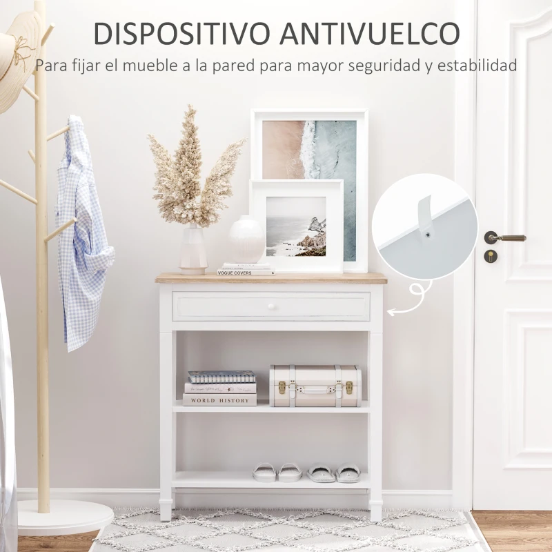 HOMCOM Mesa Consola Mesa Recibidor con 2 Estantes y Cajón para Entrada Pasillo Salón 75,6x27,5x80,5 cm Blanco(m-6)