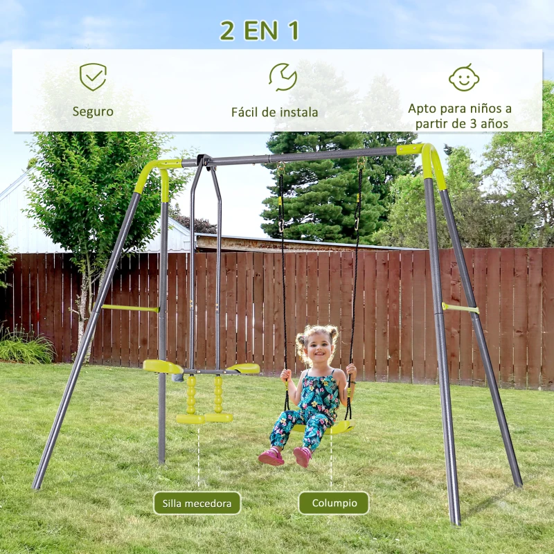 HOMCOM Set de Columpio Infantil al Aire Libre con Columpio y Balancín Doble Plaza Juguetes Exterior Adecuado para +3 Años 245x138x180cm Verde y Gris