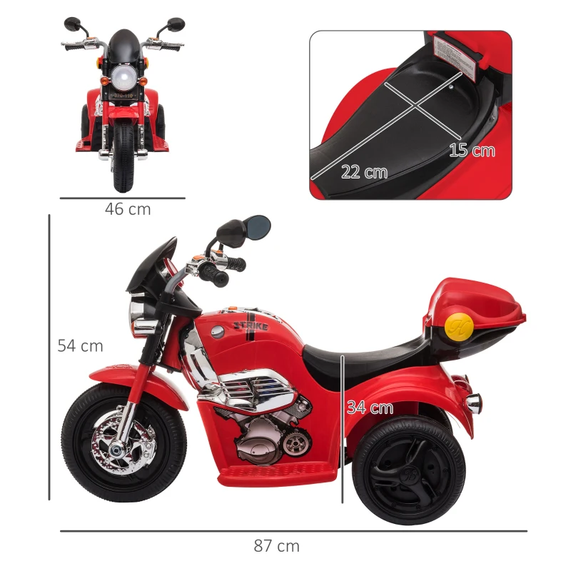 HOMCOM Moto Eléctrica para Niños +18 Meses Triciclo Infantil con 3 Ruedas a Batería con Bocina Luces y Baúl 87x46x54 cm Rojo
