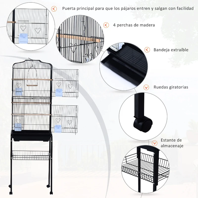 PawHut Jaula para Pájaros con Ruedas 47,5x37x153 cm Jaula Metálica de Aves con Puertas 4 Comederos 3 Perchas Bandeja Extraíble y Estante de Almacenaje para Canarios Periquitos Negro