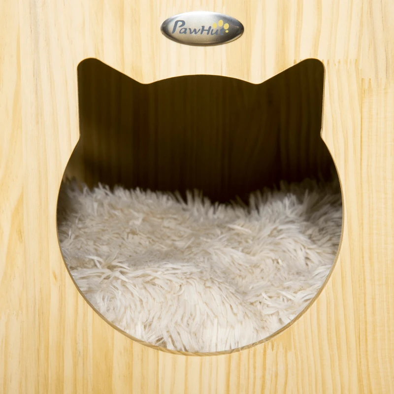 PawHut Caseta de Gatos de Madera y Fieltro Casa para Mascotas con Cojín y 2 Asas 40x39x40 cm Natural y Gris